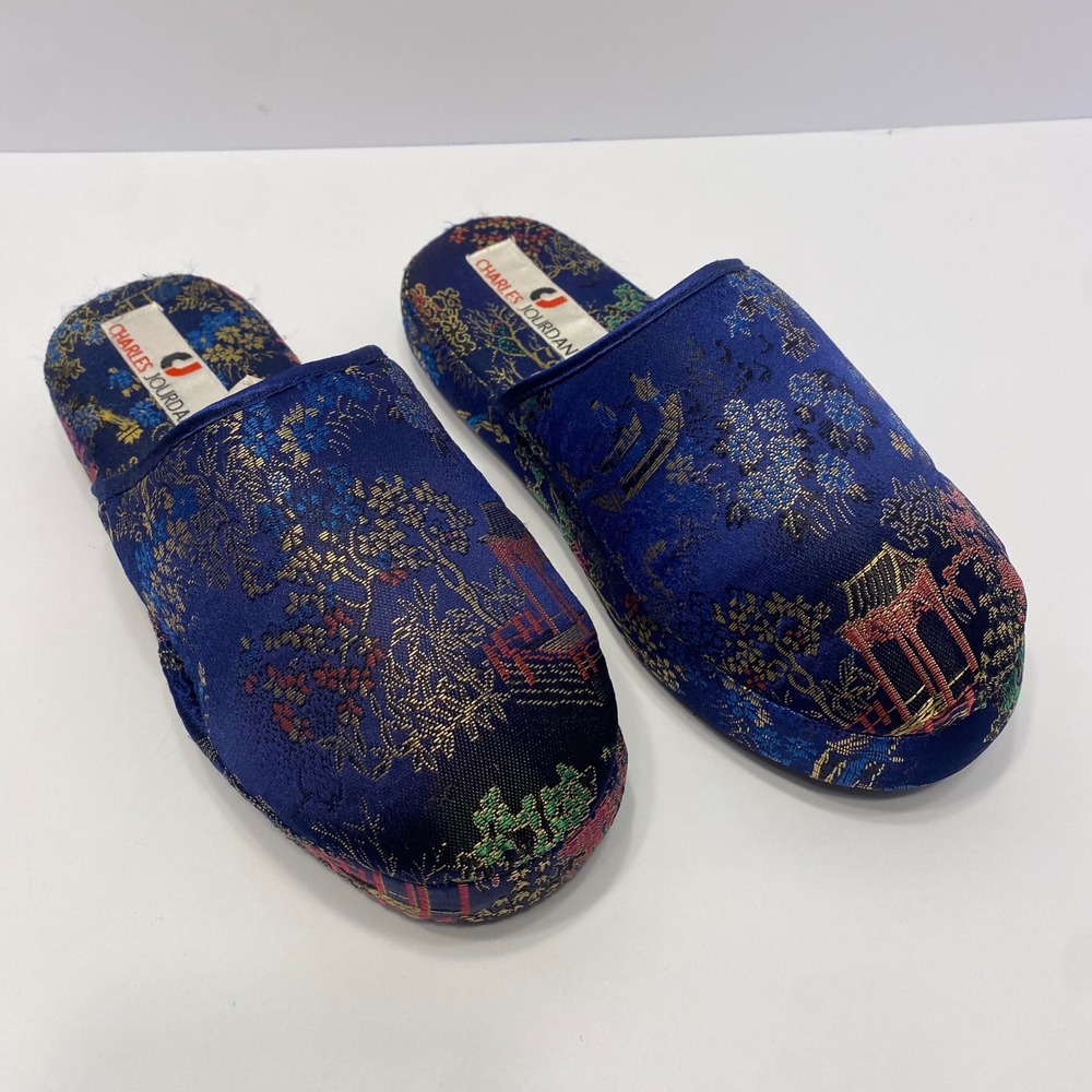 Charles Jourdan Slippers Womens Medium 7-8 Blue Brocade Excellent Oriental Scuff